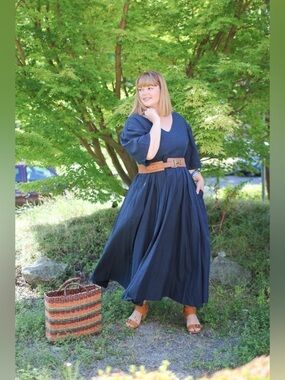 Emma Knudsen Navy Maxi Dress Romantic Cottagecore Puff Sleeve Minimalist Sz XL